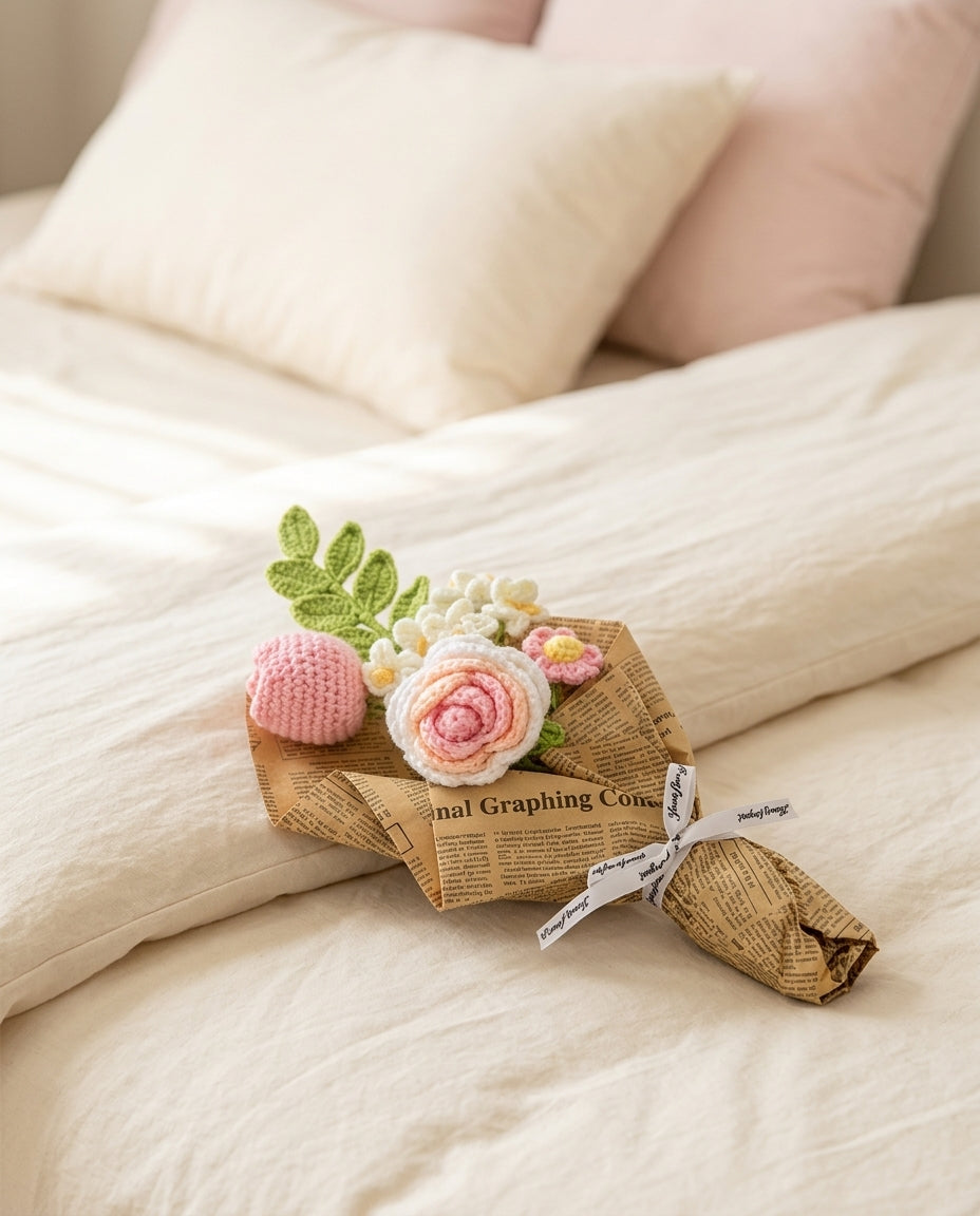 Crocheted flower bouquet resting on cream bed linen in morning window light