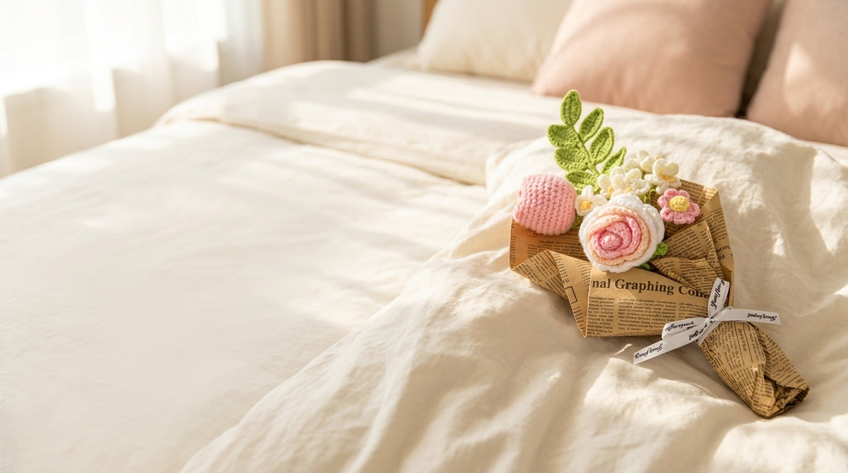 Crocheted pink flower bouquet lying on a cream linen bed in soft morning light