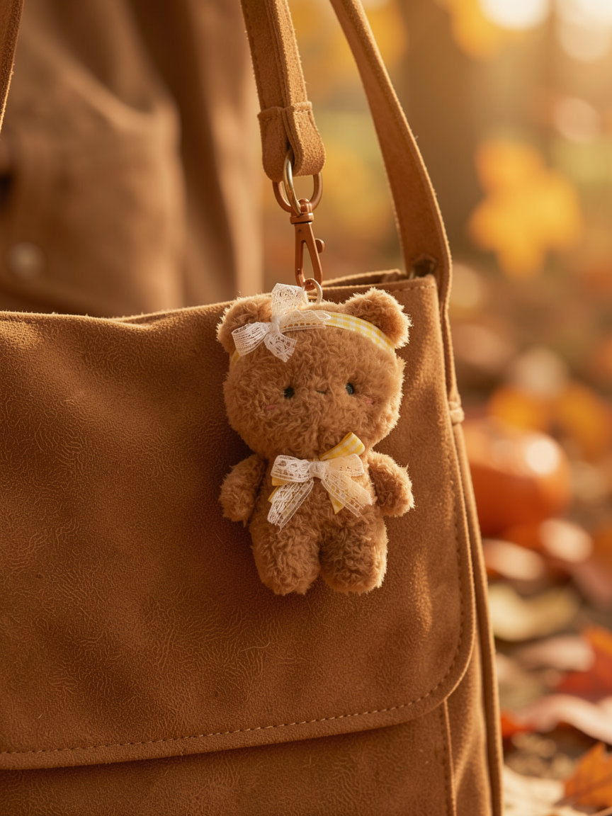 Brown plush teddy bag charm clipped to a brown suede shoulder bag