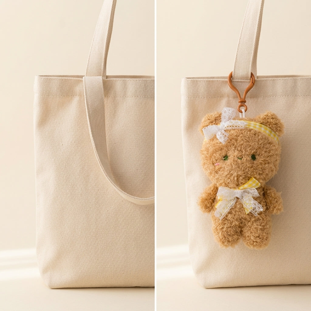 Plain beige tote bag next to the same tote with the teddy bag charm clipped on